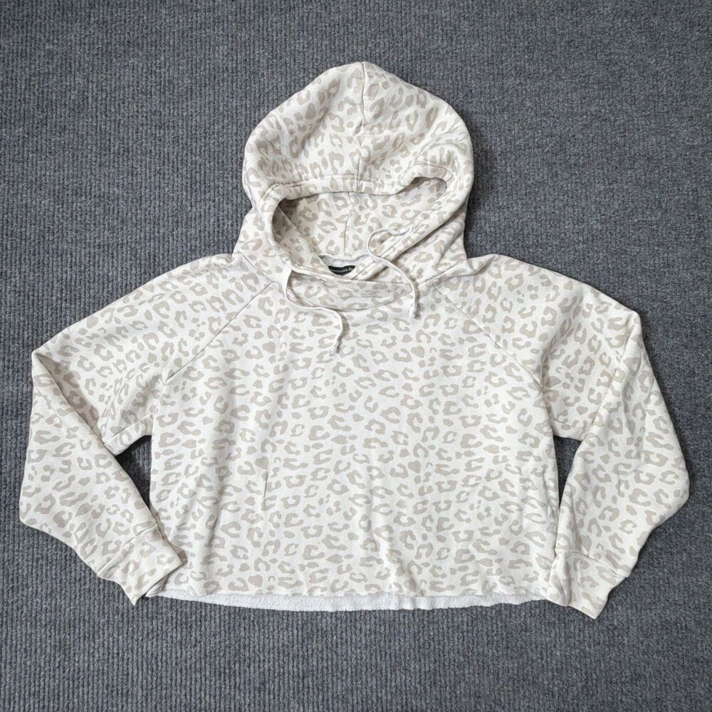 Abercrombie & Fitch Women XL Leopard Print Cropped Hoodie Pullover Ivory Beige